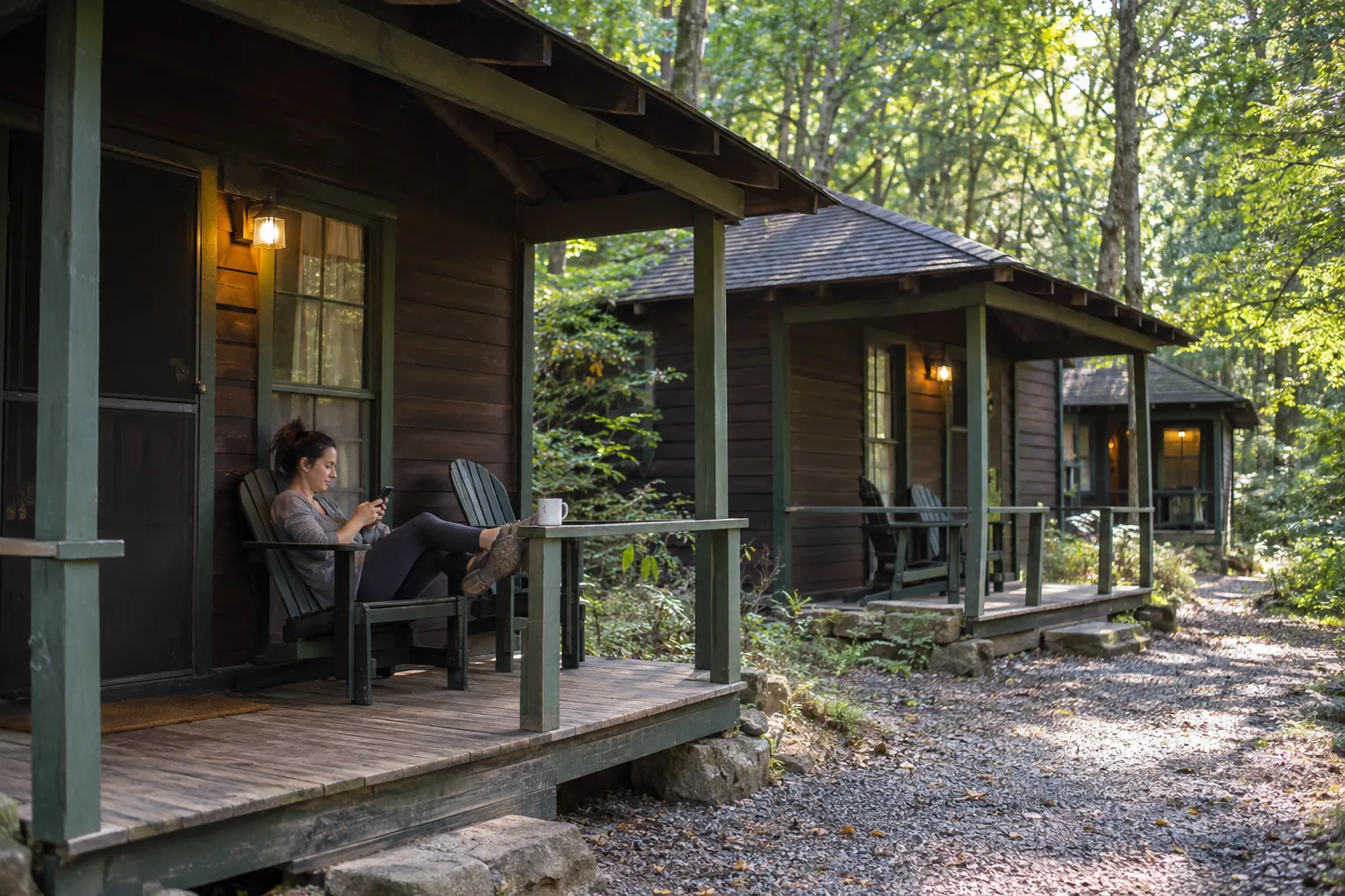 Cabin porches at a state park served by outdoor rated access points on the building nearby