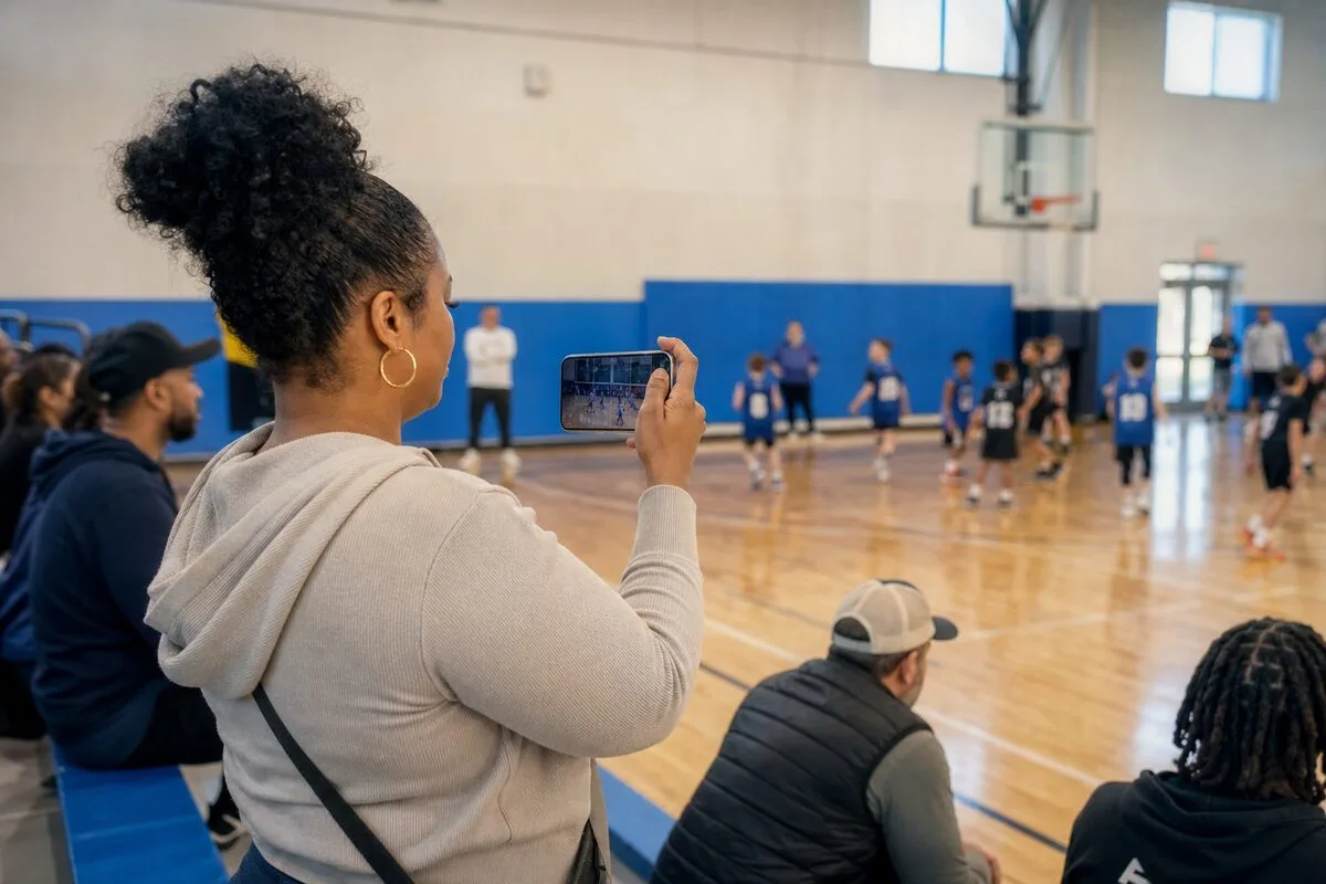A parent films a child's basketball game from the bleachers at the YMCA gymnasium
