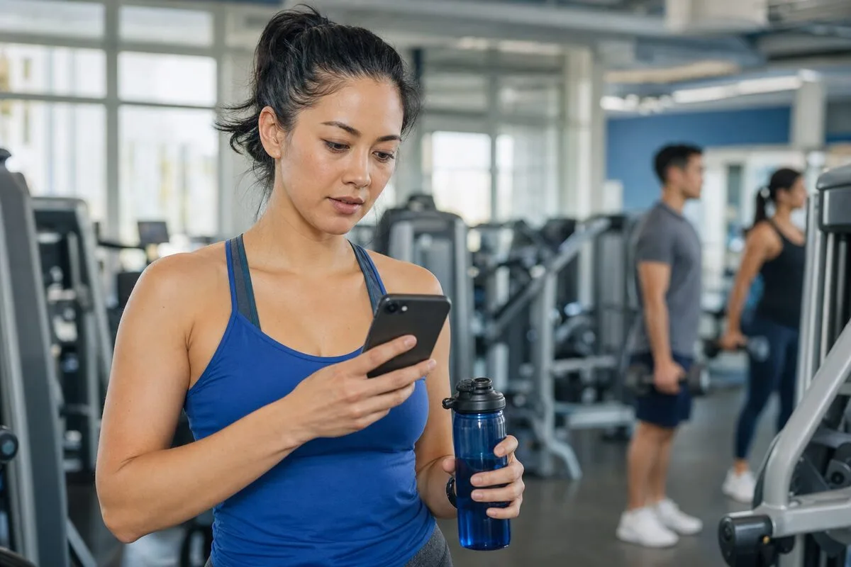 A YMCA member checks their phone on the fitness floor