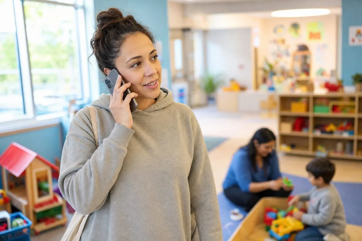 A parent takes a call during childcare pickup at the YMCA